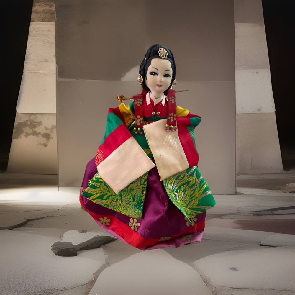Vintage Korean Traditional Handicraft Hanbok Doll The Queen‎ 9" Figure Blue/Pink